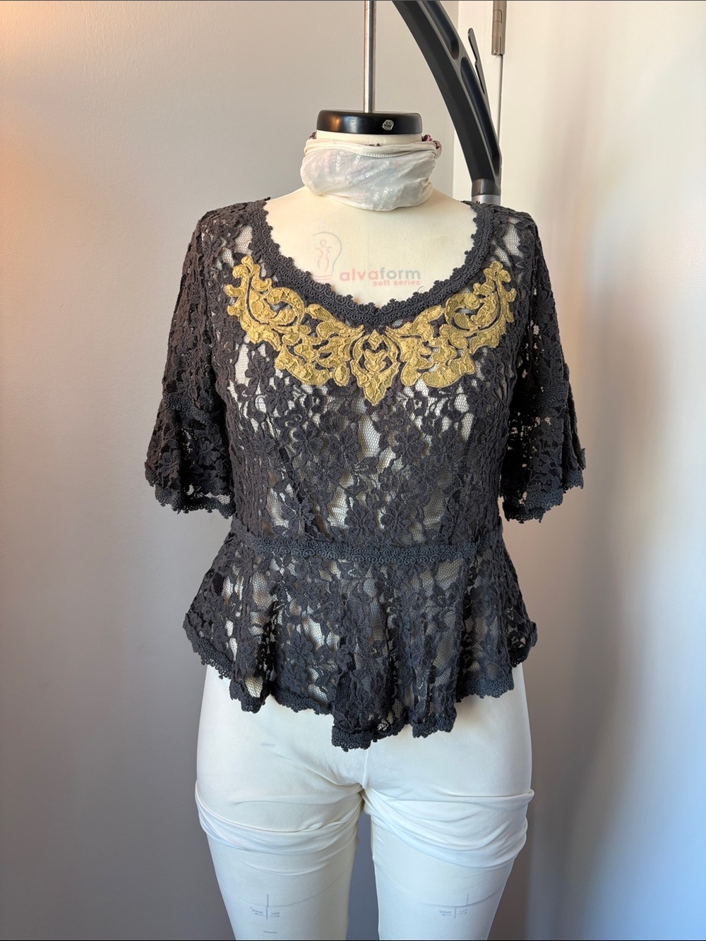 Free People Black Lace Peplum Top with Gold Embroidered Neckline